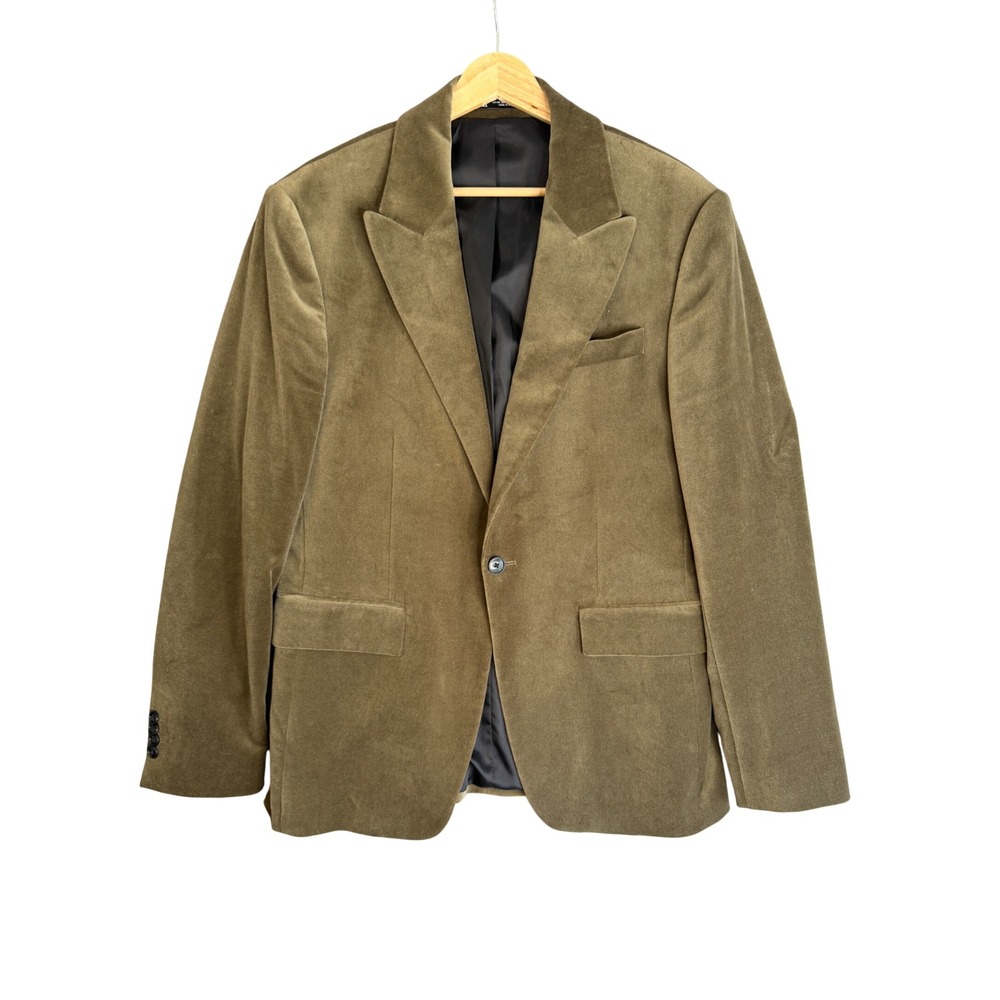 Zara Blazer Mens 38 Olive Green Velvet Slim Fit Sport Coat Smoking Dinner Jacket